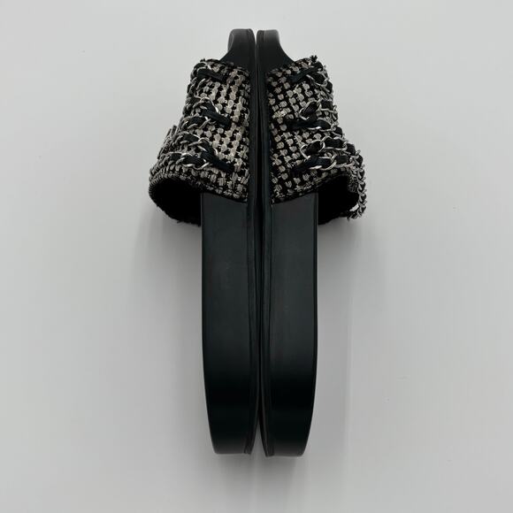 Chanel CC Chain Slide Sandals Flat Canvas Slip On Shoes Black Tweed Size 38 - Picture 11 of 14